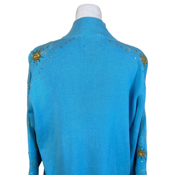 Quacker Factory Vtg 90s Holiday Cardigan With Star Appliquè Turquoise & Gold - Picture 6 of 16